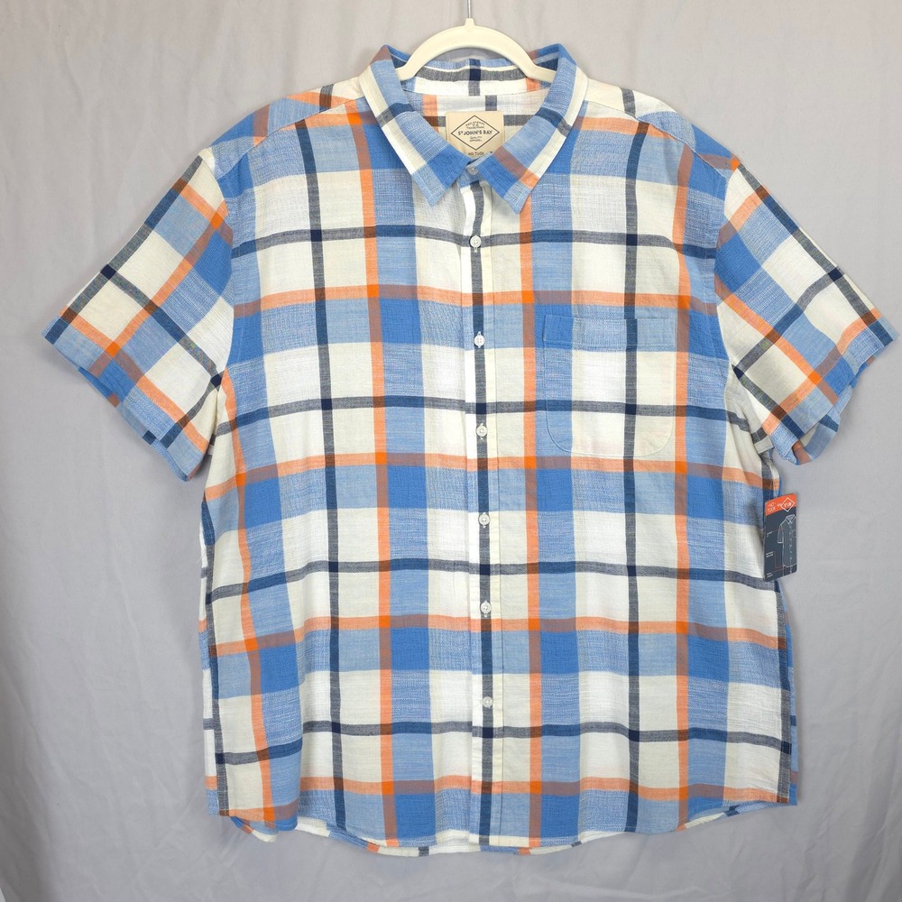 St Johns Bay Plaid Shirt Men XXL No Tuck Cotton Button Up Blue Orange Summer